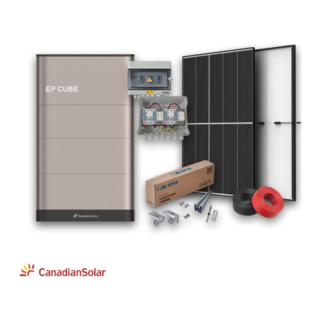 Canadian Solar Kit Fotovoltaico trifase ibrido 10kW+10kWh,22 pannelli, Quadro DC, Cavo 6mm, Struttura di fissaggio