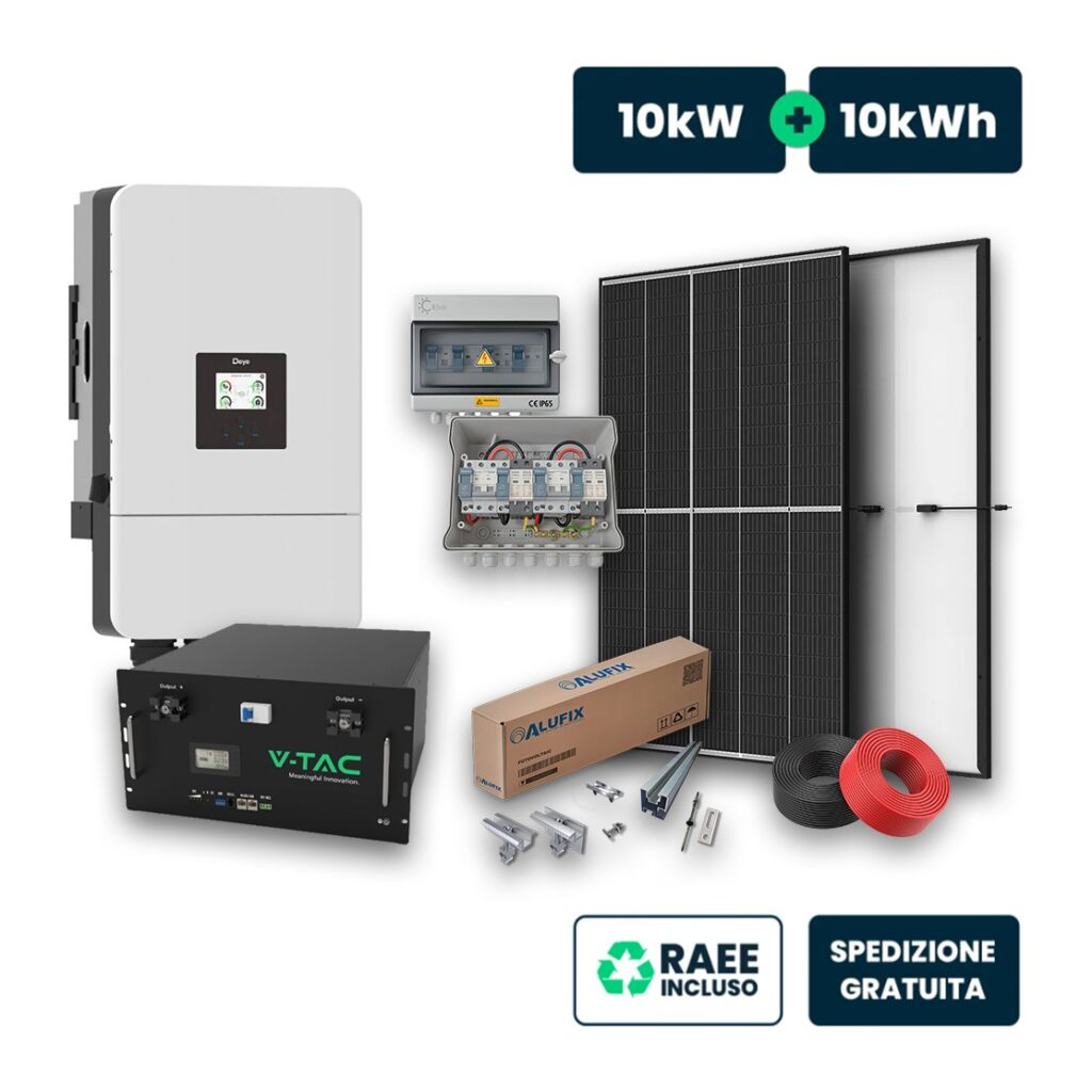 Kit Fotovoltaico monofase Deye ibrido 10kW+10kWh,22 pannelli 460W, Quadro DC, Cavo 6mm, Struttura di fissaggio